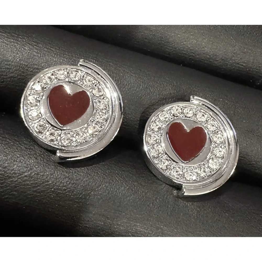 Silver Tone Red Enamel Heart Cufflinks 20mm Crystal Halo Round Formal Wedding